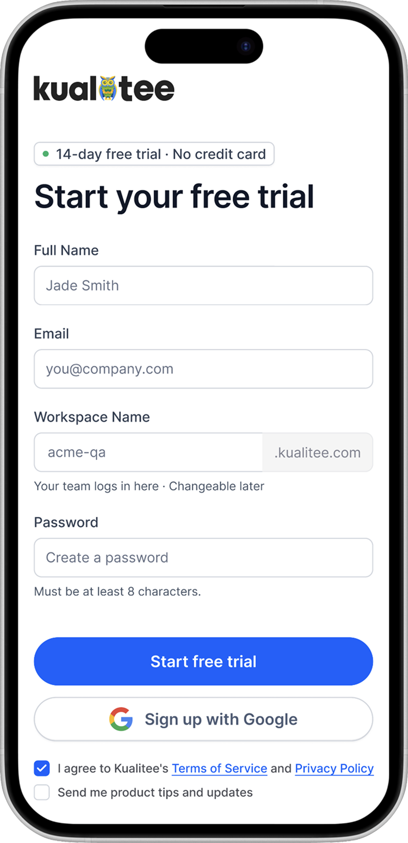 Mobile version of the redesigned sign-up page